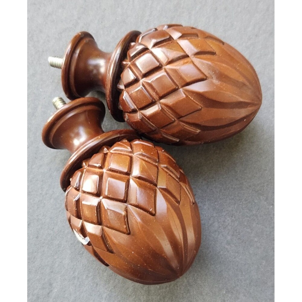 Set of 2 Drapery Curtain Rod Finials Carved Wood Pineapple Acorn 4"